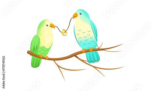 Two birds on a branch sharing a ring.