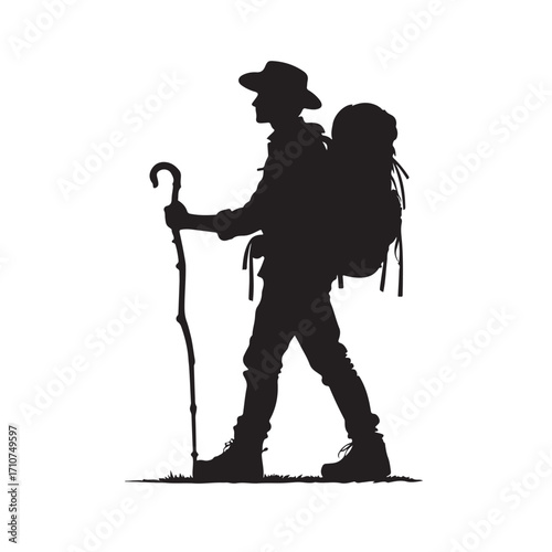 Hiker silhouette with backpack and walking stick