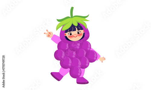 A cheerful cartoon girl wearing a purple grape costume, smiling and making a peace sign gesture.