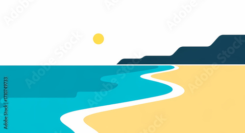 Concept of a serene coastal escape with a golden sandy beach meeting calm blue ocean waves under a bright sun, perfect for illustrating themes of vacation, summer, and peaceful natural beauty