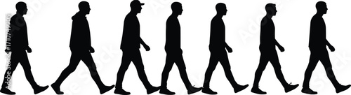 Black silhouette of men walking in sequence, group of people moving forward, casual pedestrian figures illustration, human movement design, urban city lifestyle concept