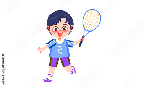 Happy cartoon boy holding a tennis racket, wearing a blue shirt and purple shorts, ready for a game.