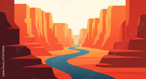 Conceptual flat design illustration of a majestic desert canyon, featuring a vibrant blue river flowing through towering orange