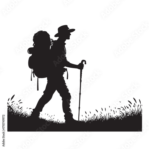 Hiker silhouette with backpack and walking stick