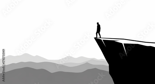 A solitary silhouette stands on the jagged edge of a towering cliff, gazing across a sweeping vista of distant, hazy mountains, symbolizing contemplation, choice, and the daunting path ahead