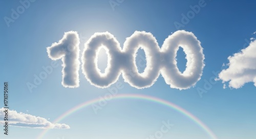 Fluffy Cloud Number 1000 Against Blue Sky with Rainbow