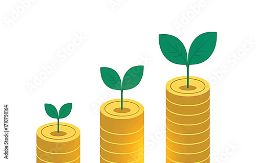 Growing Investment Coin Stacks with Seedlings Illustrating Financial Growth