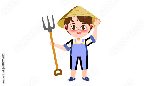 Illustration of a young farmer wearing a conical hat and holding a pitchfork.
