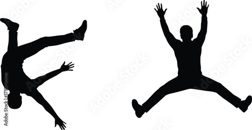 Jump and flip silhouette set, black-and-white illustrations of airborne poses for dance, sport, and motion-themed character design and lifestyle assets