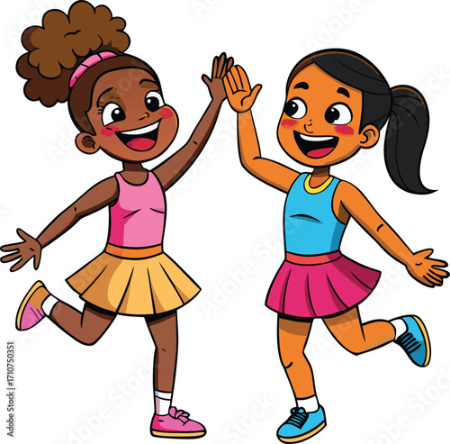 Two happy diverse girls giving a high five celebrating friendship and success children celebration