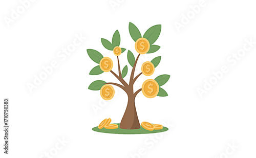 Money Tree Illustration with Coins and Leaves Symbolizing Growth and Financial Abundance