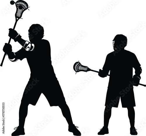 Lacrosse silhouette set, black-and-white illustrations of athletes in active and passive poses for sports, training, motion, and character design themes