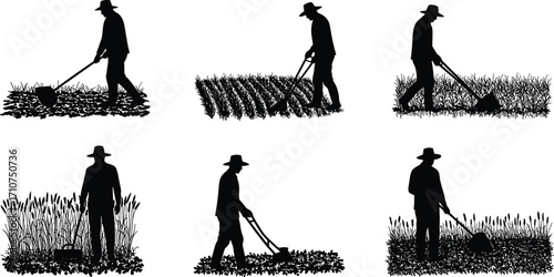 Lawn mowing silhouette vector set, black manual mower poses with grass variations for gardening design, outdoor work illustration, and seasonal yard care