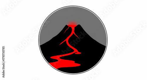 Striking graphic representation of a powerful volcanic eruption, featuring vibrant red molten lava descending from a dark peak, encapsulated within a bold, minimalist circular emblem