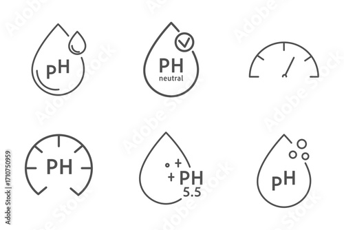 Ph icon, line simple set. Neutral balance skin, thin line web symbol. Drop with PH symbol. certified, tested products for skin, hair and food. Healthcare cosmetic natural 