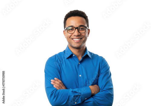 Smiling man with glasses and blue shirt isolated on transparent background