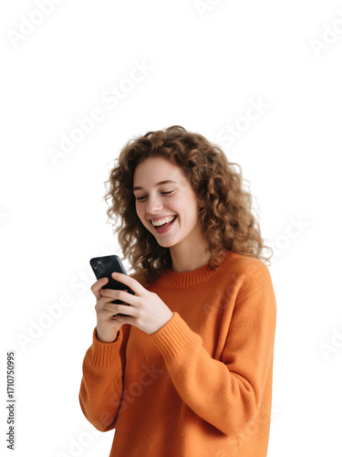 Orange textured photo with PNG and transparent background shows laughing girl using phone for product staging.