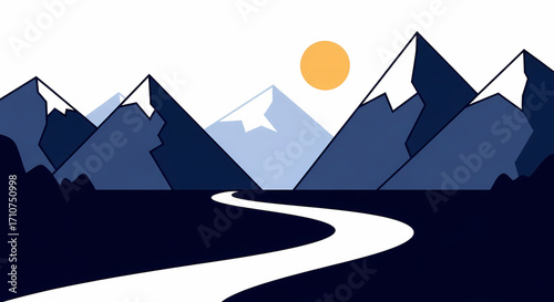 Minimalist illustration of a serene mountain landscape with majestic peaks and a winding path. An abstract sun illuminates the tranquil valley, evoking peace, natural beauty, and a sense of calm