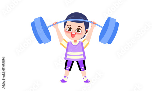 A cartoon illustration of a young boy lifting a heavy barbell above his head, exercising.