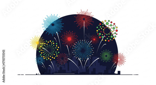Fireworks display over city skyline celebration new year eve festive colorful pyrotechnics show event holiday night