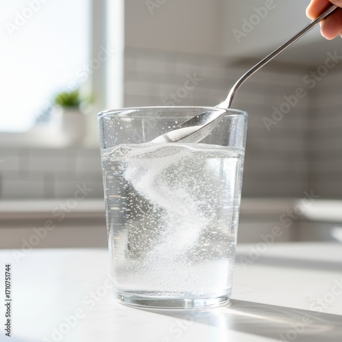 Stirring supplement powder dissolving in a glass of water in a kitchen