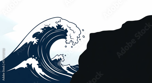 A colossal ocean wave dramatically crashes against a rugged cliff face, illustrating the immense power and unpredictable force of nature in a dynamic and potentially destructive coastal event