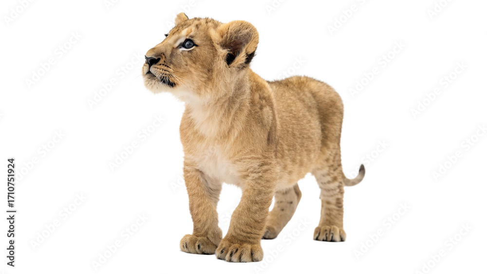 Obraz premium Lion cub with striking blue eyes standing isolated on transparent background
