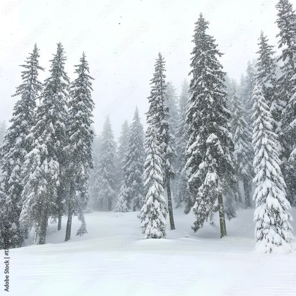 Naklejka premium Snow-covered pine forest under soft overcast light, with cool blue and white tones, and gentle falling snow.