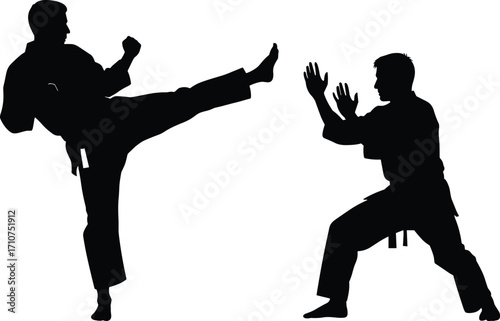 Martial arts sparring silhouette set, black-and-white illustrations of karate combat poses with gi and belts for sport and discipline themes