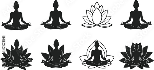 Meditation silhouettes with lotus flowers, yoga poses, spiritual wellness icons, mindfulness vector set for calm, peace, balance, and inner harmony design