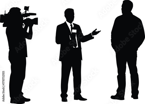 Media interview silhouette illustration, black-and-white figures in filming and speaking poses for communication, journalism, and character design themes