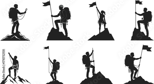 Mountain climber silhouette vector set, black summit poses with flags, ropes, and backpacks for adventure design, motivation art, and outdoor sport illustration