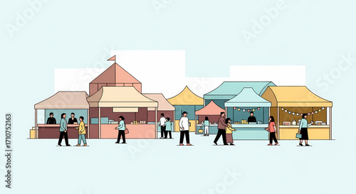 Vibrant outdoor community market scene with diverse people enjoying a bustling event featuring various stalls offering goods and services, celebrating local culture and gathering