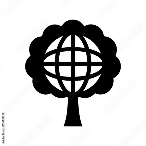 Black and white world tree symbolizing global network and environmental sustainability