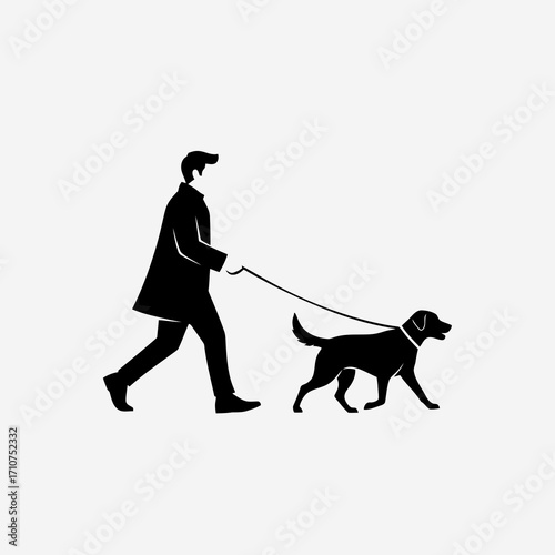 Man walking a dog on a leash silhouette isolated on white background