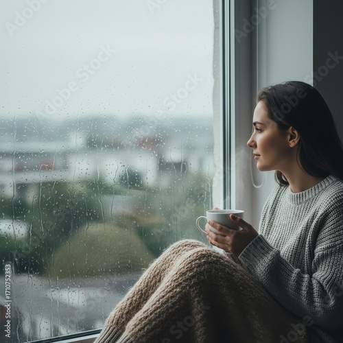 Woman with coffee looking out window on a rainy day