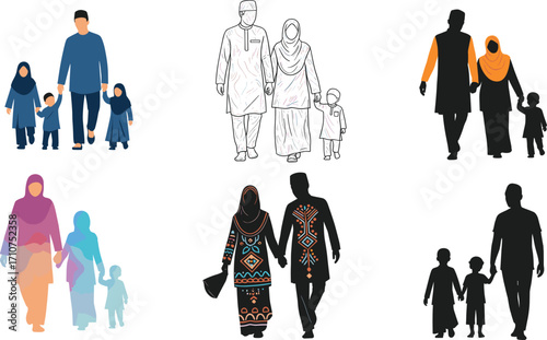 Muslim family vector set, diverse illustrations of parents and children in traditional attire for cultural design, community art, and inclusive lifestyle themes