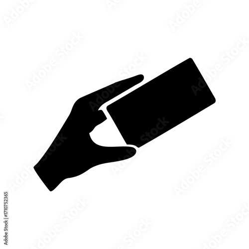 Hand holding card or payment, isolated black vector illustration, finance concept