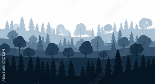 Stylized conceptual forest landscape illustration featuring layered blue trees and misty atmosphere, creating a serene, tranquil, and picturesque natural background for diverse design projects