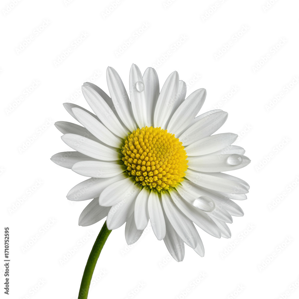 Naklejka premium A vibrant common daisy with transparent petals and golden yellow center, a single dewdrop on a petal, isolated on a transparent studio background. Concept of purity and nature's perfection