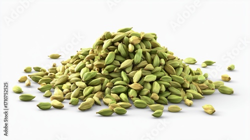 Pile of green cardamom elaichi on white background
