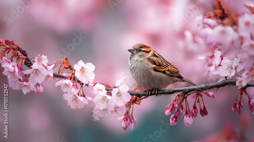 A sparrow perched on a branch of a cherry blossom tree, surrounded by pink flowers in soft focus and natural light