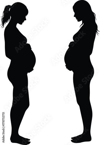 Pregnancy silhouette vector set, black side-profile poses of expecting individuals for motherhood design, prenatal care illustration, and emotional bonding themes