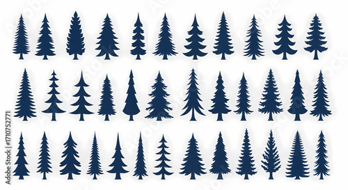 A diverse collection of stylized conifer tree silhouettes, featuring a wide array of evergreen shapes ideal for holiday designs, winter landscapes, festive greetings, and natural graphic elements