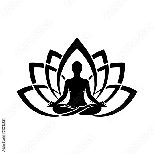 Silhouette of a person meditating in a lotus flower pose isolated on white background