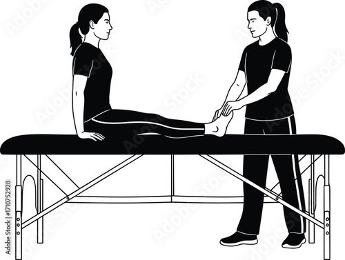Physical therapy silhouette illustration, black-and-white figures in clinical rehabilitation pose for healthcare, anatomy, and character design themes