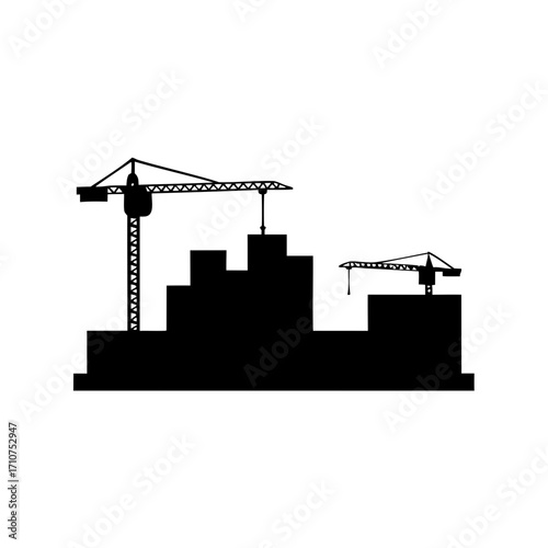 Silhouette of construction site with cranes against white background cityscape building
