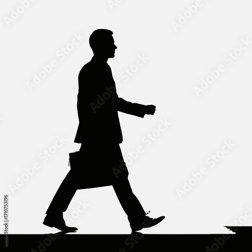 Silhouette of a businessman walking with a briefcase isolated on white background