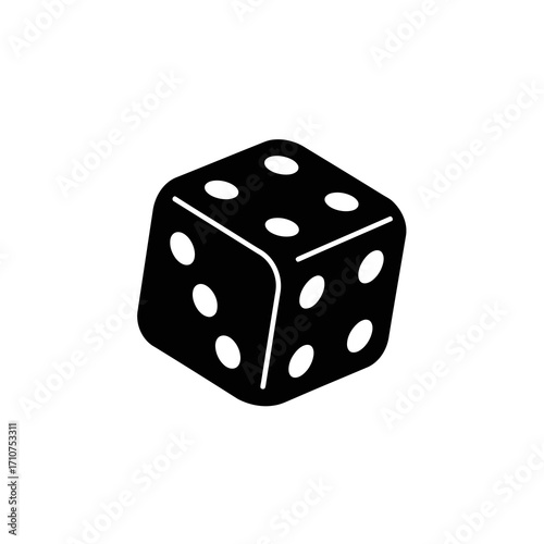 Black silhouette of a six sided die with pips showing one two and three dots isolated on white background