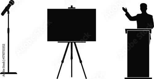 Public speaking and presentation silhouette set, black-and-white illustrations of podium, microphone, and easel for education and performance themes